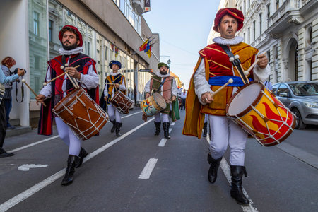 TIMISOARA, ROMANIA - SEPTEMBER 22, 2019: Italian artists called SBANDIERATORI, specialized in the...