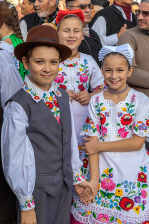 TIMISOARA, ROMANIA - SEPTEMBER 22, 2019: Group of children dancers in traditional Hungarian folk...