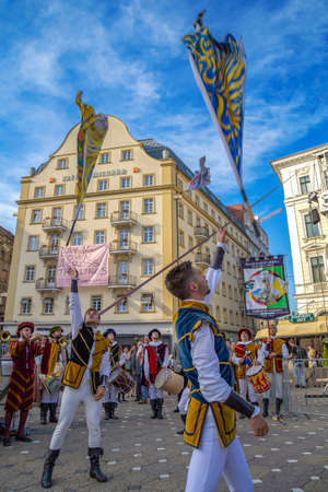 TIMISOARA, ROMANIA - SEPTEMBER 22, 2019: Italian artists called SBANDIERATORI, specialized in the art of throwing the flag, present at the Festival of Ethnic Minorities organized by the City Hall.のeditorial素材