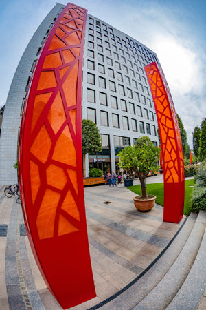 TIMISOARA, ROMANIA - SEPTEMBER 28, 2019: Iulius Town, a city in a city, one new concept that combines businesses buildings, shops, cinemas, restaurants and large green spaces for recreation.のeditorial素材