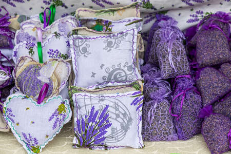 Background with decorative objects for the house, containing lavender.の写真素材