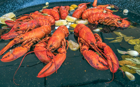 Background with fresh crayfish in pan and ready for cooking.