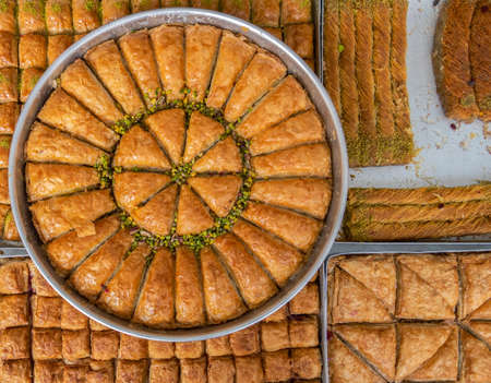 Homemade Turkish baklava arranged to be served.の写真素材
