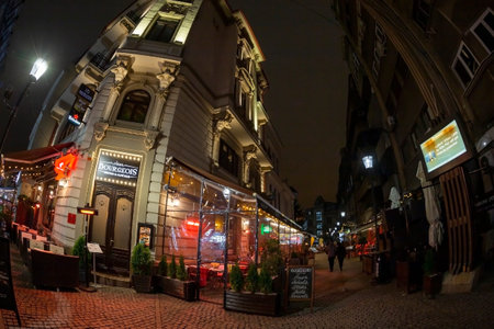 BUCHAREST, ROMANIA - NOVEMBER 26, 2019: Night view with small and picturesque street terraces with tourists, located in the historical center of the city.のeditorial素材