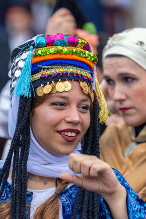 TIMISOARA, ROMANIA-JULY 4, 2019: Portrait of dancer woman from Colombia in traditional costume present at the international folk festival, International Festival of hearts, organized by the City Hall.のeditorial素材
