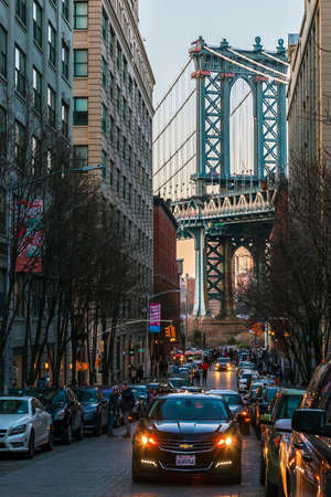 NEW YORK, USA - MARCH 9, 2020: View of Manhattan bridge from Washington street, Brooklyn. Afternoon light.のeditorial素材