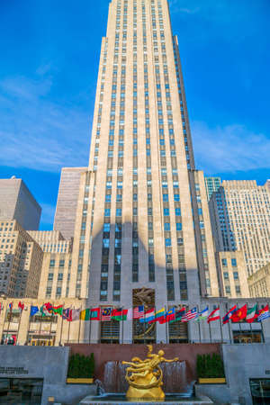 NEW YORK, USA - MARCH 7, 2020: The Prometheus statue in the Rockefeller Plaza. Rockefeller Center is a large complex consisting of 19 commercial buildings in the center of Midtown Manhattan.のeditorial素材