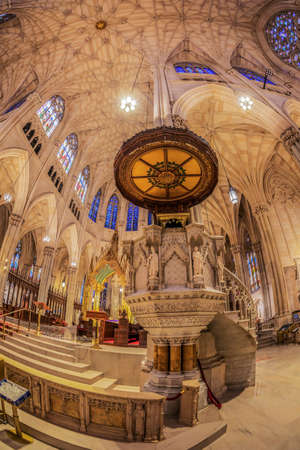 NEW YORK, USA - MARCH 6, 2020: Interior of Saint Patrick Cathedral decorated in neo-gothic Catholic style and erected in 1879.The seat of the archbishop of the Roman Catholic Archdiocese of New York.のeditorial素材