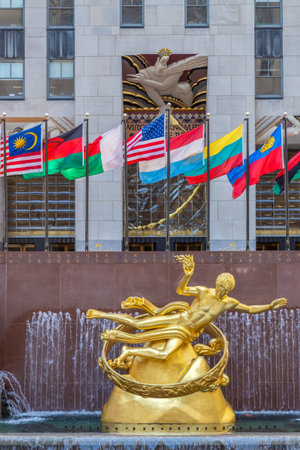 NEW YORK, USA - MARCH 7, 2020: The Prometheus statue in the Rockefeller Plaza. Rockefeller Center is a large complex consisting of 19 commercial buildings in the center of Midtown Manhattan.のeditorial素材