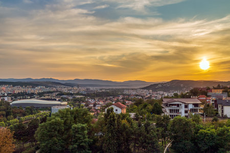CLUJ-NAPOCA, ROMANIA - SEPTEMBER 20, 2020: Panoramic and aerial view over the city from Citadel Hill