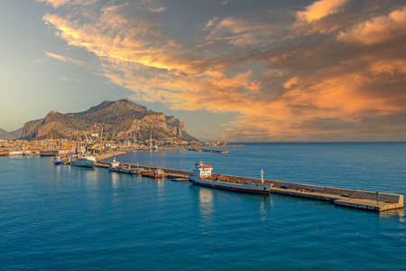 PALERMO, SICILY, ITALY - MARCH 26, 2021: Port of Palermo with boats on italian coastline.のeditorial素材