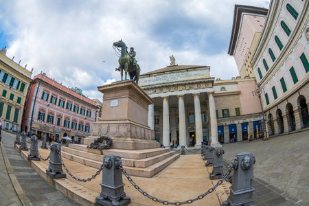 GENOA, ITALY - MARCH 20, 2021: The Monument of Garibaldi in Largo Sandro Pertini, near Piazza Ferrari. In background Galleria Giuseppe Siri, Accademia Ligustica di Belle Arte, Carlo Felice Theater.のeditorial素材