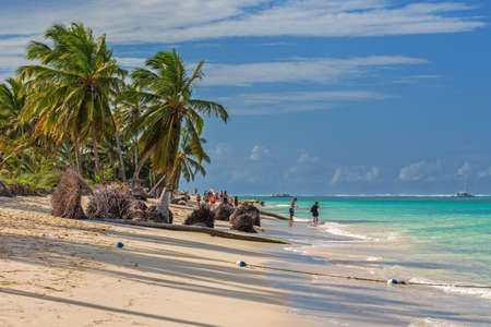 PUNTA CANA, DOMINICAN REPUBLIC - MARCH 11, 2020: Beautiful wild and sand beach in Punta Cana, Dominican Republic.のeditorial素材