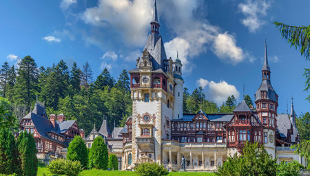 Peles Castle, a Neo-Renaissance castle in the Carpathian Mountains, near Sinaia, in Prahova County, Romania, on an medieval route linking Transylvania and Wallachia. Built 1873-1914 for King Carol I.のeditorial素材