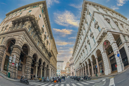 GENOA, ITALY - March 20, 2021: Street view with old buildings on Via Francesco Petrarca and typical...