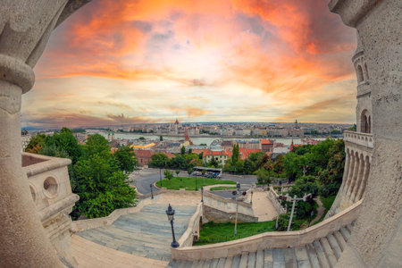 BUDAPEST, HUNGARY - AUGUST 23, 2021: View from the Fisherman's Bastion. Designed and built between...
