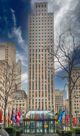 NEW YORK, USA - MARCH 6, 2020: Top of the Rock building from Rockefeller Center, in Rockefeller Plaza. Rockefeller Center is a complex with 19 buildings in the center of Midtown Manhattan.のeditorial素材