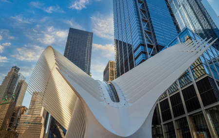New York, USA - March 9, 2020: Architectonic details from One World Trade Center Transportation Hub, (Westfield World Trade Center) also known as the Oculus and other near skyscrapers. Lower Manhattan.のeditorial素材