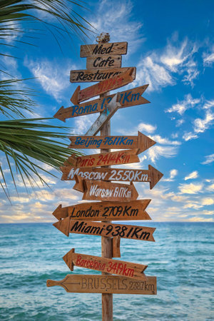 Hersonissos, Crete, Greece - July 23, 2021: Touristical and ornamental signs marking the direction...