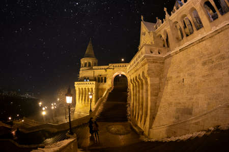 BUDAPEST, HUNGARY - DECEMBER 18, 2018: The famous Fisherman Bastion on winter night. It was designed and built between 1895 and 1902 on the plans of Frigyes Schulek.のeditorial素材