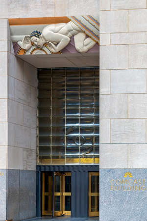 NEW YORK, USA-MARCH 6.2020: Entrance to the Top of the Rock building from Rockefeller Center, in Rockefeller Plaza. Rockefeller Center is a complex with 19 buildings in the center of Midtown Manhattan.のeditorial素材