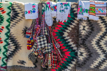 Traditional Romanian folk embroidery, specific on Maramures area, exposed for sale.の写真素材