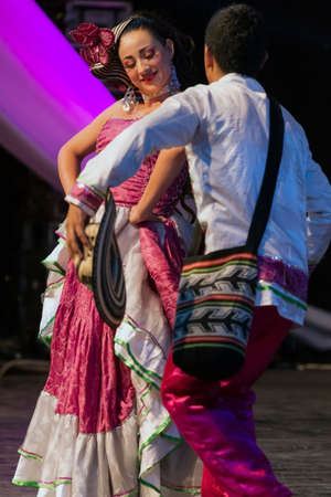 TIMISOARA, ROMANIA - JULY 9, 2016:Young dancers from Colombia in traditional costume present at the international folk festival "International Festival of hearts" organized by the City Hall Timisoaraのeditorial素材