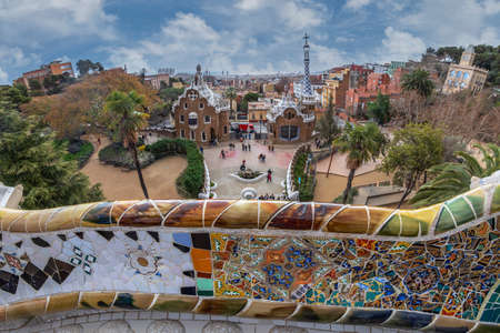 Barcelona, Spain - February 28, 2022: View over the city from the Park GÃ¼ell on Carmel Hill, architect Antoni Gaudi. Built 1900-1914, opened in 1926. UNESCO World Heritage Site.のeditorial素材