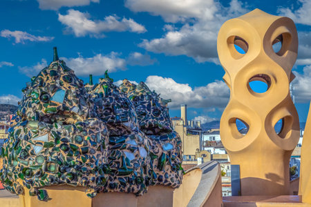 Barcelona, Catalonia, Spain-Feb. 27, 2022: Details from the roof of Casa Mila or La Pedrera. It was...