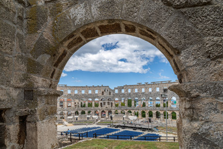 PULA, CROATIA-JUNE 8, 2022:The Pula Arena, a Roman amphitheatre and the only remaining who has four side towers entirely preserved. Build between 27 BC-AD 68.Among the world's 6 largest Roman arenas.のeditorial素材