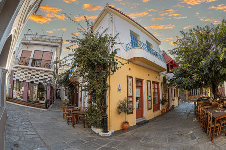 SKIATHOS TOWN, SKIATHOS ISLAND, GREECE - AUGUST 20, 2023: View of the narrow streets, full of...