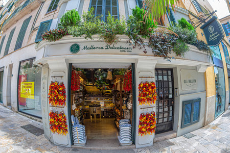 PALMA DE MALLORCA, BALEARIC ISLANDS, SPAIN - SEPTEMBER 22, 2023: Traditional Mallorcan delicatessen shop, on PlaÃ§a del MarquÃ¨s del Palmer.のeditorial素材