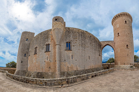 PALMA DE MALLORCA, SPAIN - SEPT. 21, 2023: Exterior view of the Circular Gothic Bellver Castle (Castillo de Bellver) built by architect Pere SalvÃ  in 1300-1311 for King James II of Aragon and Majorca.のeditorial素材