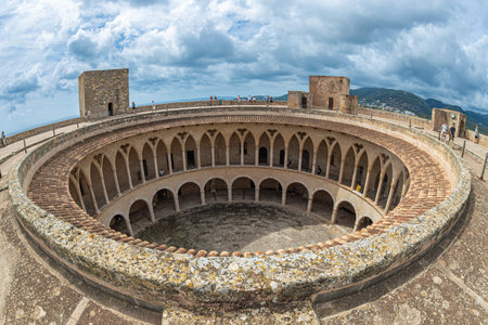 PALMA DE MALLORCA, SPAIN - SEPT 21, 2023:View from the roof the inner courtyard of the Circular Gothic Bellver Castle (Castillo de Bellver) built by architect Pere SalvÃ  in 1300-1311 for King James IIのeditorial素材