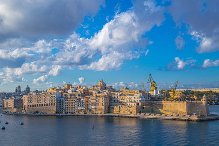 Panoramic view of Malta, Valletta, from aboard a ship at sea.の写真素材