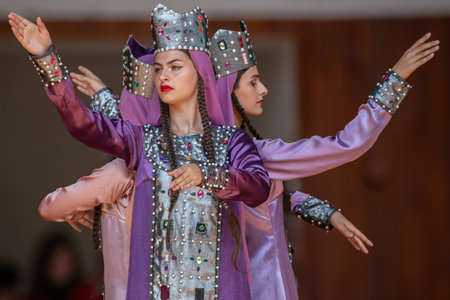 TIMISOARA, ROMANIA - JULY 7, 2019: Young dancers girls from Georgia in traditional costume present at the international folk festival, International Festival of hearts, organized by the City Hall.のeditorial素材