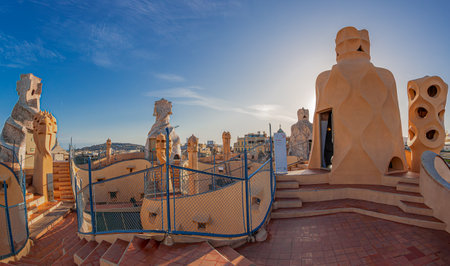 Barcelona, Catalonia, Spain-Feb. 27, 2022: Details from the roof of Casa Mila or La Pedrera. It was the last private residence designed by Antoni Gaudi, built 1906-1912. UNESCO World Heritage Site.のeditorial素材