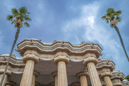 BARCELONA, SPAIN-FEB. 28, 2022: The Hypostyle Hall or Hall of the Hundred Columns, with 86 columns that supports the central terrace of Parc GÃ¼ell, designed by Antoni Gaudi. UNESCO World Heritage Siteのeditorial素材