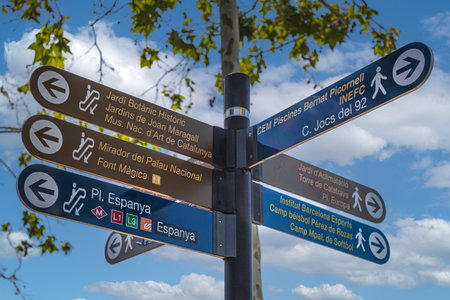BARCELONA, SPAIN - APRIL 14, 2024: Street signs marking the direction to the few famous sites to visit in Barcelona.のeditorial素材