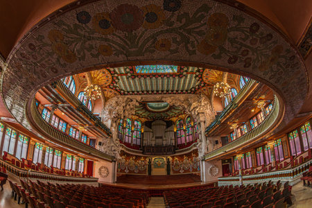 BARCELONA, CATALONIA, SPAIN - APRIL 14, 2024: Interior of Palace of Catalan Music, a concert hall designed in the Catalan modernista style by the architect Lluis Domenech i Montaner. Built 1905-1908.のeditorial素材