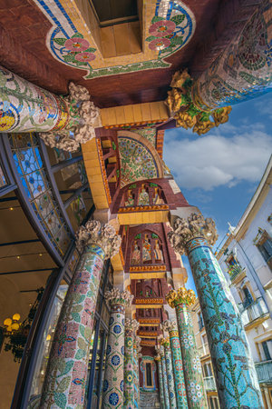 BARCELONA, SPAIN - APRIL 14, 2024: Mosaic on balcony faÃ§ade of the Palace of Catalan Music, designed in the Catalan modernista style by the architect Lluis Domenech i Montaner. Built 1905-1908.のeditorial素材