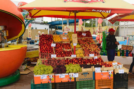 Neptun, Romania - July 8, 2017: local fresh fruit market on the street situated on the beach resort in Neptun, Constanta, Romania, Europeのeditorial素材