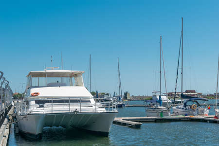 Mangalia, Constanta, Romania - July 7, 2017: boat anchored at the Mangalia's harbor in Romania, Europe.のeditorial素材