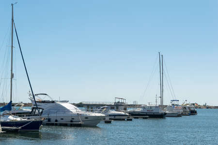 Mangalia, Constanta, Romania - July 7, 2017: boats anchored at the Mangalia's harbor in Romania, Europe.のeditorial素材