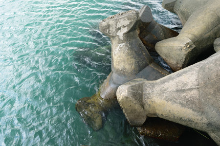 concrete blocks used to protect the beaches / coastal line from water eroding - Romania seaside -...