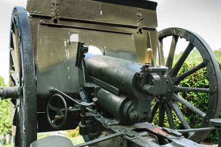 Old World War One weapons. Schneider - Putilov field cannon, 75mm FF caliber. model 1902/36. It was used by Romanian Army prior and at the beginning of WWII. POV imageのeditorial素材