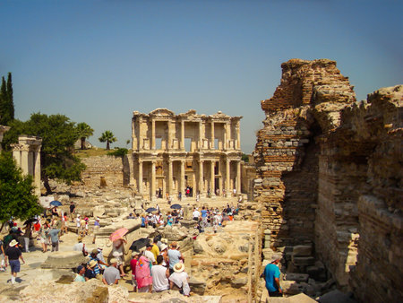 Selcuk, Turkey - June 18 2012 : Tourist visiting Ephesus Ancient City, near Kusadasi. UNESCO World...