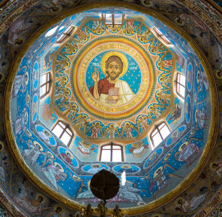 Potlogi, Romania - August 12, 2018: Detail of Dome interior paiting of Saint Dimitrie Orthodox Church build in 1683 by voivode Constantin Brincoveanu at Potlogi, Dambovita, Romania.のeditorial素材