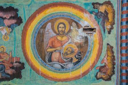 Cheia, Romania - August 15, 2018: Close up of old deteriorated fresco at Cheia Monastery in Cheia, Prahova, Romania.のeditorial素材