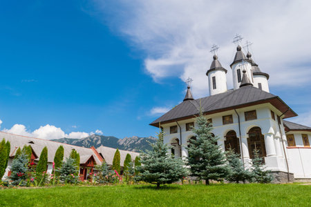 Cheia, Romania - August 15, 2018: Exterior view of Cheia Monastery in Cheia, Prahova, Romania.のeditorial素材